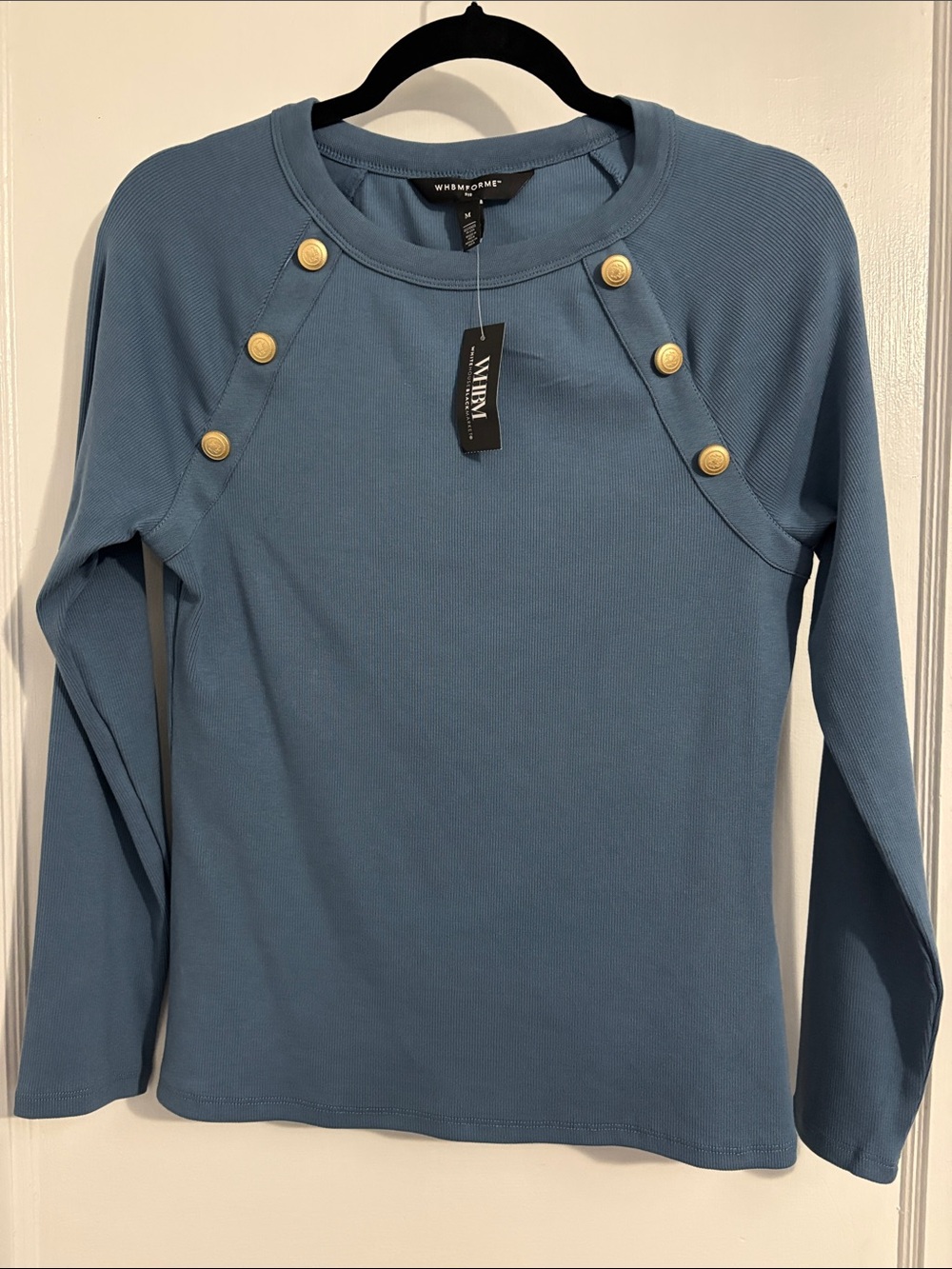 White House Black Market Dusty Blue Button-Accent Long Sleeve Top